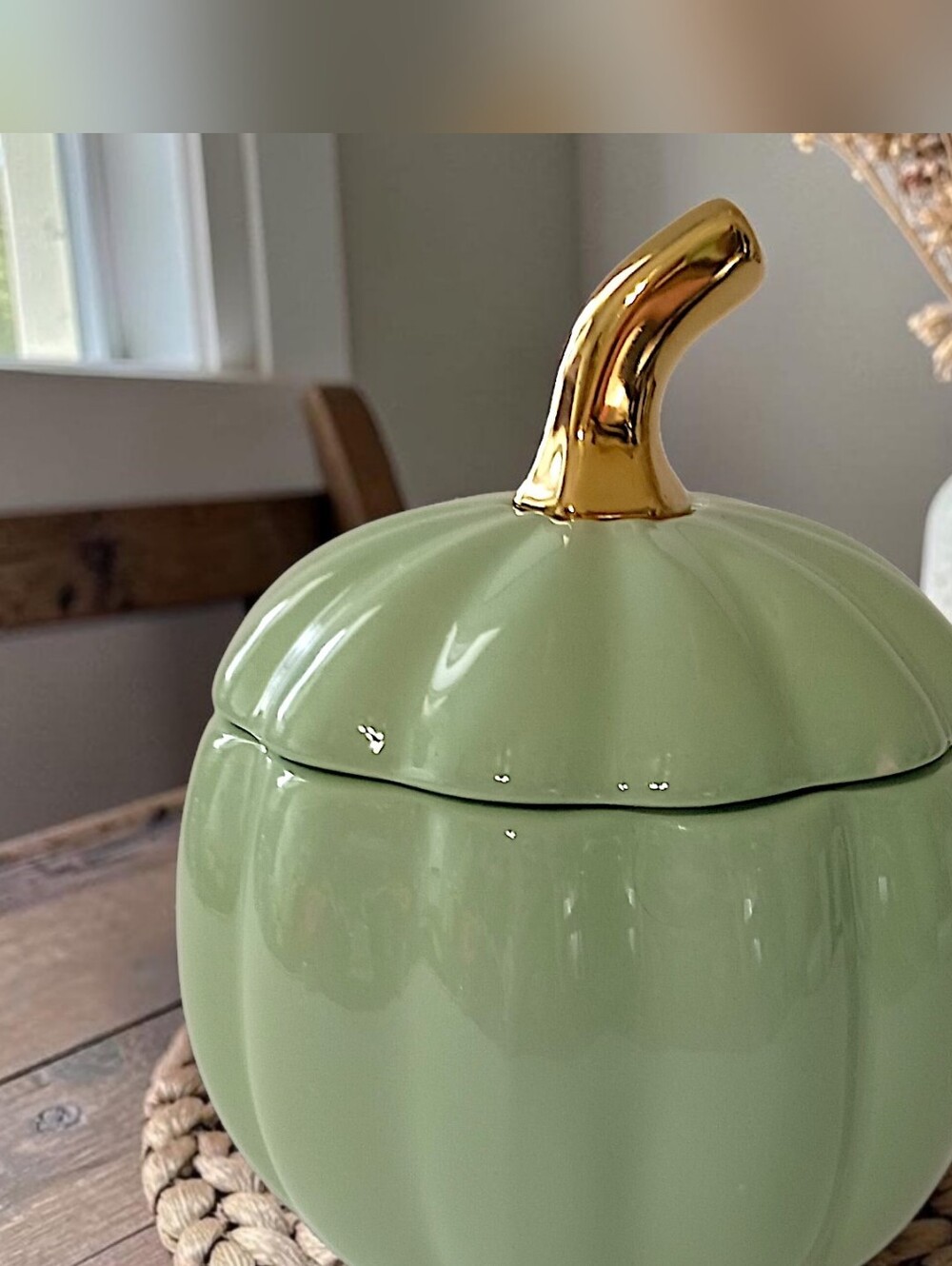 Martha Stewart Pumpkin Canister Sage Green Gold Ceramic Fall Harvest Candy Dish - Picture 12 of 16